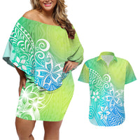 Polynesia Couples Matching Off Shoulder Short Dress and Hawaiian Shirt Plumeria Blue Gradient Curves LT7 - Wonder Print Shop