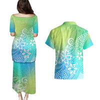 Polynesia Couples Matching Puletasi Dress and Hawaiian Shirt Plumeria Blue Gradient Curves LT7 - Wonder Print Shop