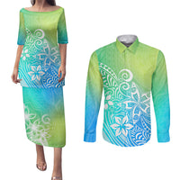Polynesia Couples Matching Puletasi Dress and Long Sleeve Button Shirts Plumeria Blue Gradient Curves LT7 - Wonder Print Shop