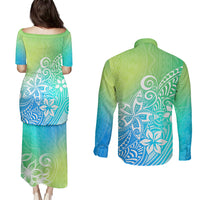 Polynesia Couples Matching Puletasi Dress and Long Sleeve Button Shirts Plumeria Blue Gradient Curves LT7 - Wonder Print Shop