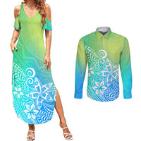 Green-blue gradient maxi cold-shoulder dress with long-sleeve button shirt, floral print
