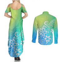 Back view of green-blue gradient maxi dress and long-sleeve button shirt, scroll floral print