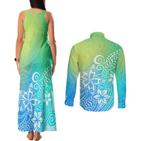 Polynesia Couples Matching Tank Maxi Dress and Long Sleeve Button Shirts Plumeria Blue Gradient Curves LT7 - Wonder Print Shop