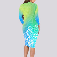 Polynesia Long Sleeve Bodycon Dress Plumeria Blue Gradient Curves - Wonder Print Shop