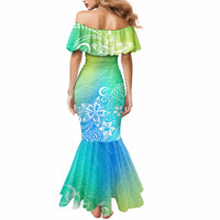 Polynesia Mermaid Dress Plumeria Blue Gradient Curves - Wonder Print Shop