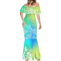 Polynesia Mermaid Dress Plumeria Blue Gradient Curves - Wonder Print Shop