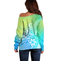 Polynesia Off Shoulder Sweater Plumeria Blue Gradient Curves - Wonder Print Shop