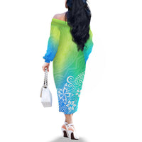 Polynesia Off The Shoulder Long Sleeve Dress Plumeria Blue Gradient Curves - Wonder Print Shop