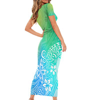 Polynesia Short Sleeve Bodycon Dress Plumeria Blue Gradient Curves - Wonder Print Shop
