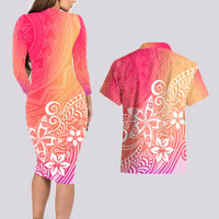 Polynesia Couples Matching Long Sleeve Bodycon Dress and Hawaiian Shirt Plumeria Pink Gradient Curves LT7 - Wonder Print Shop