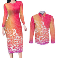 Polynesia Couples Matching Long Sleeve Bodycon Dress and Long Sleeve Button Shirts Plumeria Pink Gradient Curves LT7 - Wonder Print Shop