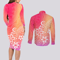 Polynesia Couples Matching Long Sleeve Bodycon Dress and Long Sleeve Button Shirts Plumeria Pink Gradient Curves LT7 - Wonder Print Shop