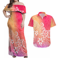 Polynesia Couples Matching Off Shoulder Maxi Dress and Hawaiian Shirt Plumeria Pink Gradient Curves LT7 - Wonder Print Shop