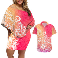 Polynesia Couples Matching Off Shoulder Short Dress and Hawaiian Shirt Plumeria Pink Gradient Curves LT7 - Wonder Print Shop