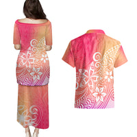 Polynesia Couples Matching Puletasi Dress and Hawaiian Shirt Plumeria Pink Gradient Curves LT7 - Wonder Print Shop