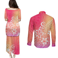 Polynesia Couples Matching Puletasi Dress and Long Sleeve Button Shirts Plumeria Pink Gradient Curves LT7 - Wonder Print Shop
