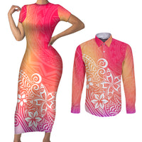 Polynesia Couples Matching Short Sleeve Bodycon Dress and Long Sleeve Button Shirts Plumeria Pink Gradient Curves LT7 - Wonder Print Shop