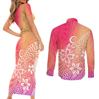 Polynesia Couples Matching Short Sleeve Bodycon Dress and Long Sleeve Button Shirts Plumeria Pink Gradient Curves LT7 - Wonder Print Shop