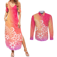 Polynesia Couples Matching Summer Maxi Dress and Long Sleeve Button Shirts Plumeria Pink Gradient Curves LT7 - Wonder Print Shop