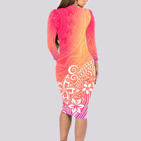 Polynesia Long Sleeve Bodycon Dress Plumeria Pink Gradient Curves - Wonder Print Shop