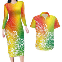 Polynesia Couples Matching Long Sleeve Bodycon Dress and Hawaiian Shirt Plumeria Reggae Curves LT7 - Wonder Print Shop