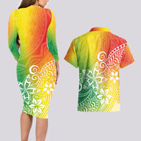 Polynesia Couples Matching Long Sleeve Bodycon Dress and Hawaiian Shirt Plumeria Reggae Curves LT7 - Wonder Print Shop