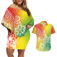 Polynesia Couples Matching Off Shoulder Short Dress and Hawaiian Shirt Plumeria Reggae Curves LT7 - Wonder Print Shop
