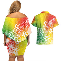 Polynesia Couples Matching Off Shoulder Short Dress and Hawaiian Shirt Plumeria Reggae Curves LT7 - Wonder Print Shop
