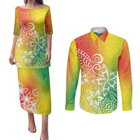 Polynesia Couples Matching Puletasi Dress and Long Sleeve Button Shirts Plumeria Reggae Curves LT7 - Wonder Print Shop