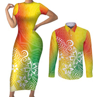 Polynesia Couples Matching Short Sleeve Bodycon Dress and Long Sleeve Button Shirts Plumeria Reggae Curves LT7 - Wonder Print Shop