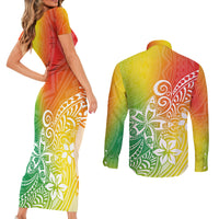 Polynesia Couples Matching Short Sleeve Bodycon Dress and Long Sleeve Button Shirts Plumeria Reggae Curves LT7 - Wonder Print Shop