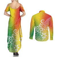 Polynesia Couples Matching Summer Maxi Dress and Long Sleeve Button Shirts Plumeria Reggae Curves LT7 - Wonder Print Shop