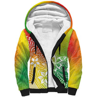Unisex sherpa hoodie with multicolor tropical print, black trim, Sherpa-lined hood
