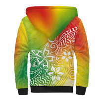 Unisex sherpa hoodie back with multicolor tropical print, Sherpa-lined hood