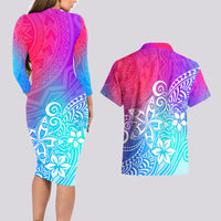 Polynesia Couples Matching Long Sleeve Bodycon Dress and Hawaiian Shirt Plumeria Galaxy Gradient Curves LT7 - Wonder Print Shop
