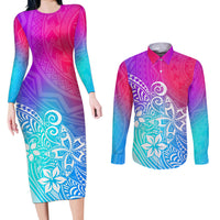 Polynesia Couples Matching Long Sleeve Bodycon Dress and Long Sleeve Button Shirts Plumeria Galaxy Gradient Curves LT7 - Wonder Print Shop