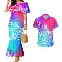 Polynesia Couples Matching Mermaid Dress and Hawaiian Shirt Plumeria Galaxy Gradient Curves LT7 - Wonder Print Shop