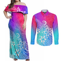 Polynesia Couples Matching Off Shoulder Maxi Dress and Long Sleeve Button Shirts Plumeria Galaxy Gradient Curves LT7 - Wonder Print Shop