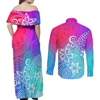 Polynesia Couples Matching Off Shoulder Maxi Dress and Long Sleeve Button Shirts Plumeria Galaxy Gradient Curves LT7 - Wonder Print Shop