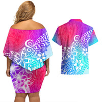 Polynesia Couples Matching Off Shoulder Short Dress and Hawaiian Shirt Plumeria Galaxy Gradient Curves LT7 - Wonder Print Shop