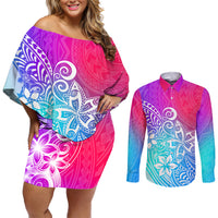 Polynesia Couples Matching Off Shoulder Short Dress and Long Sleeve Button Shirts Plumeria Galaxy Gradient Curves LT7 - Wonder Print Shop
