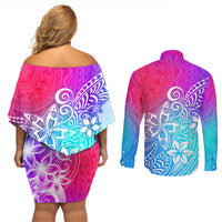 Polynesia Couples Matching Off Shoulder Short Dress and Long Sleeve Button Shirts Plumeria Galaxy Gradient Curves LT7 - Wonder Print Shop
