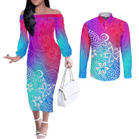 polynesia-couples-matching-off-the-shoulder-long-sleeve-dress-and-long-sleeve-button-shirts-plumeria-galaxy-gradient-curves