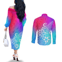 polynesia-couples-matching-off-the-shoulder-long-sleeve-dress-and-long-sleeve-button-shirts-plumeria-galaxy-gradient-curves
