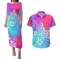 Polynesia Couples Matching Puletasi Dress and Hawaiian Shirt Plumeria Galaxy Gradient Curves LT7 - Wonder Print Shop