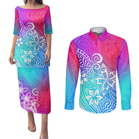 Polynesia Couples Matching Puletasi Dress and Long Sleeve Button Shirts Plumeria Galaxy Gradient Curves LT7 - Wonder Print Shop