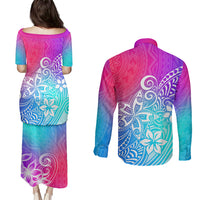 Polynesia Couples Matching Puletasi Dress and Long Sleeve Button Shirts Plumeria Galaxy Gradient Curves LT7 - Wonder Print Shop
