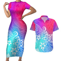 Polynesia Couples Matching Short Sleeve Bodycon Dress and Hawaiian Shirt Plumeria Galaxy Gradient Curves LT7 - Wonder Print Shop