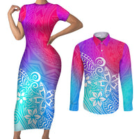Polynesia Couples Matching Short Sleeve Bodycon Dress and Long Sleeve Button Shirts Plumeria Galaxy Gradient Curves LT7 - Wonder Print Shop