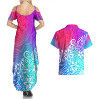 Polynesia Couples Matching Summer Maxi Dress and Hawaiian Shirt Plumeria Galaxy Gradient Curves LT7 - Wonder Print Shop